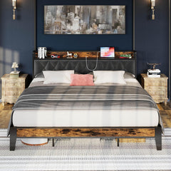 Full Size Bed Frame, Storage Headboard with Outlets, Easy to Install, Sturdy and Stable, No Noise, No Box Springs Needed - Perfect for a Good Night'S Sleep