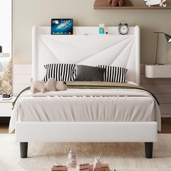 Full Size Bed Frame with Charging Station, Linen Platform Bed Frame with Wingback Headboard Upholstered Bedframe, Solid Wood Slats Support, No Box Spring Needed, Easy Assembly, Dark Grey