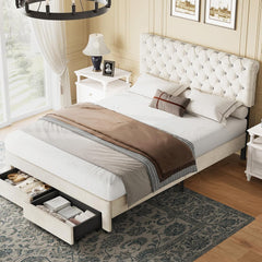 Full Size Bed Frame with 2 Storage Drawers, Upholstered Bed Frame with Adjustable Diamond Headboard, Velvet Modern Platform Bed Frame, No Box Spring Needed, Easy to Assemble, Beige