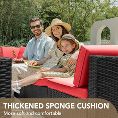 7 Pieces Outdoor Sectional Sofa Patio Furniture Sets Manual Weaving Wicker Rattan Patio Conversation Sets with Cushion and Glass Table (Red)