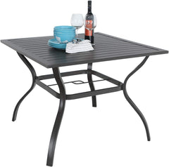 37" Patio Table for 4, Metal Outdoor Dining Table with E-Coating, Square Steel Slated Outdoor Table with 1.57" Umbrella Hole for Garden Backyard, Black