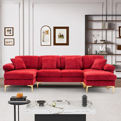 U Shaped Sectional Sofa Couch, 114" Convertible L Shaped Sofa with Chaise Lounge & Ottoman, Modern Oversized Modular 4 Seat Sleeper Sofa Set for Living Room Office, Red Velvet