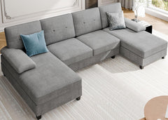 Sectional Couches for Living Room, U Shaped Couch 4- Seat Sectional Sofa with Double Chaise, Comfortable Fabric Large Sofa for Apartment (Grey)