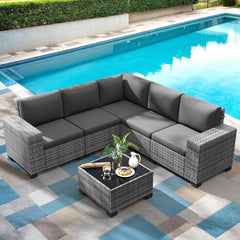 Patio Furniture Sets, 7 Pieces Outdoor Rattan Sectional Sofa Set with Glass Table and Cushions, Wicker Patio Conversation Set for Outdoor Indoor Backyard Lawn Garden Porch (Grey)