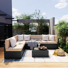 7-Piece Outdoor Sectional Furniture Set, All-Weather Wicker Patio Sofa with Washable Cushions, Gray Waterproof Rattan Conversation Set for Backyard, Poolside, Garden (Gray Cushions)