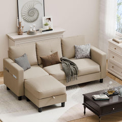 Convertible Sectional Couches for Living Room, L-Shaped Couch 3 Seat Sectional Sofa Set with Polyester Fabric and Movable Ottoman Small Couch for Apartments, Office, Black