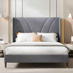 Full Size Bed Frame with 51.2" Tall Curved Wingback Headboard, Linen Upholstered Platform Bed, Soft Fabric/Noise-Free/Wooden Slats Support/No Box Spring Needed/Easy Assembly, Beige