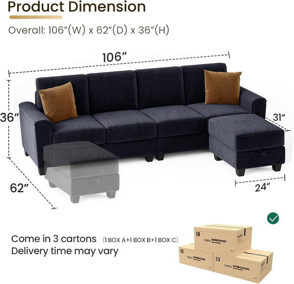 Sectional Sofa Couch for Living Room, 106 Inches L Shaped Couch with Storage, 5 Seater Corduroy Home Sofas, Modern Couches with Chaise for Apartment, Sofas Para Sala, Dark Blue