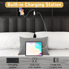 Queen Bed Frame with Headboard, Queen Bed Frame with High Storage Bookcase Headboard,4 Storage Drawers & Charging Station & Led,No Box Spring Needed/Noise Free/All-Metal Support,Rustic Grey