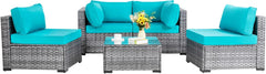 5 Pieces Outdoor Patio Sectional Sofa Couch, Silver Gray PE Wicker Furniture Conversation Sets with Washable Cushions & Glass Coffee Table for Garden, Poolside, Backyard (Aegean Blue)