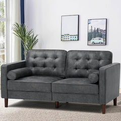 84" Suede Leather Sofa with 2 Soft Pillows, Tufted Modern Sofa with Sturdy Wooden Legs, 3 Seats Couch for Living Room, Office, Bedroom, Grey