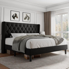 Queen Size Platform Bed Frame with Button Tufted Headboard, Upholstered Bed Frame with Solid Wooden Slats, 8" Underbed Space, No Box Spring Needed, Noise Free, Easy Assembly, Black