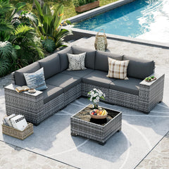 Patio Furniture Set, 8 Inch Armrest Outdoor Sectional Sofa, 6 Piece Wicker Outdoor Furniture Conversation Sets with Waterproof Cover and Coffee Table for Backyard Deck(Brown/Dark Grey)