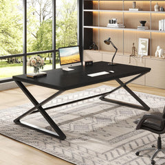 Large Black Computer Desk, 70.8” Long Writing Desk for Home Office, Modern Simple Executive Work Study Desk for Two Person, Wood Double PC Gaming Workstation Computer Table for Bedroom, Black Oak