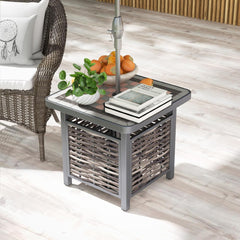 21.5 Inches Outdoor PE Rattan Side Table, All Weather Patio Square End Table with Resin Tabletop, Umbrella Hole, Metal Frame, Outdoor Coffee Table for Garden, Backyard, Balcony, Poolside
