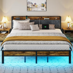 Full Bed Frame with Storage Charging Station Headboard, Smart LED Light, Metal Platform Bed No Box Spring Required, Easy Assembly, Noise Free