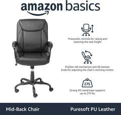 Classic Puresoft PU Padded Mid-Back Height Adjustable Office Computer Desk Chair with Armrest, 26"D X 23.75"W X 42"H, Black