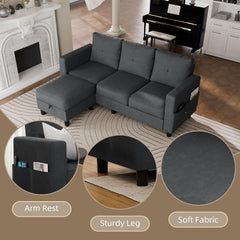 Convertible Sectional Couches for Living Room, L-Shaped Couch 3 Seat Sectional Sofa Set with Polyester Fabric and Movable Ottoman Small Couch for Apartments, Office, Black