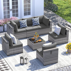 Patio Furniture Set, 8 Inch Armrest Outdoor Sectional Sofa, 6 Piece Wicker Outdoor Furniture Conversation Sets with Waterproof Cover and Coffee Table for Backyard Deck(Brown/Dark Grey)