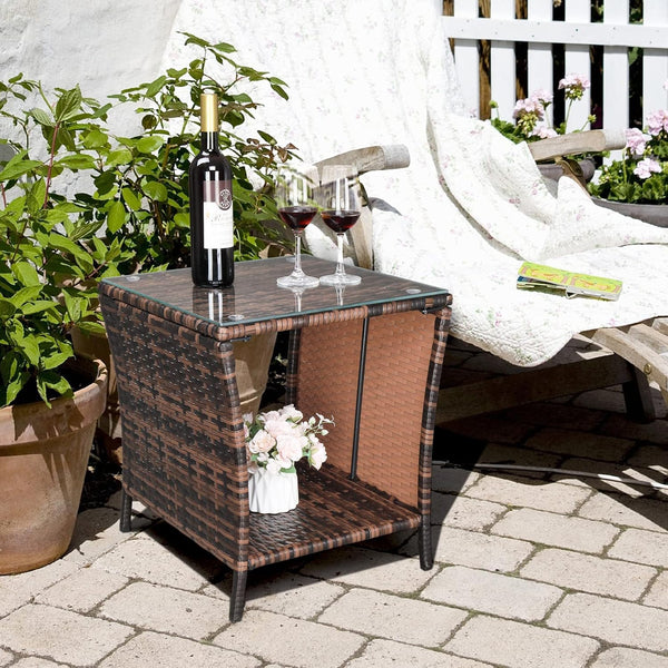 Outdoor Wicker Side Table with Tempered Glass Top and Storage for Patio, Balcony, and Deck (Brown)