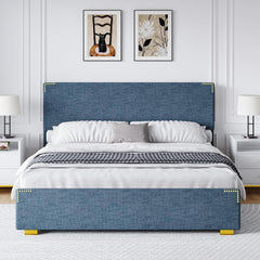 Queen Bed Frame, Queen Size Bed Frame with Headboard and Footboard, Chenille Fabric Upholstered Bed Frame, Gold-Colored Support Feet, Strong Wooden Slats, No Box Spring Needed, Easy Assembly, Black