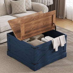 Farmhouse Coffee Table with Hidden Storage, Navy Blue Square Coffee Table for Living Room, Wood Large Center Table with Hinged Lift Top for Home, Office