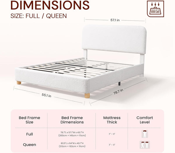 Full Size Boucle Bed Frame, Upholstered Cloud Bed Frame with Adjustable Headboard, Solid Wood Legs, Rounded Corners Design & Easy Assembly – Modern Platform Bed,Cream