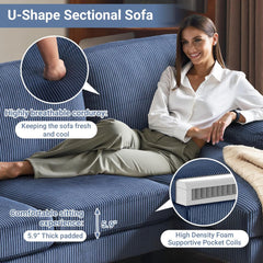 110" U-Shaped Sectional Sofa with Double Chaise, 4-Seat Corduroy Couch in Ocean Blue for Living Room Furniture