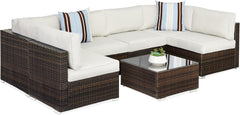7-Piece Modular Outdoor Sectional Wicker Patio Conversation Set W/ 2 Pillows, Coffee Table, Cover Included - Gray/Cream