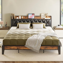 Full Size Bed Frame, Storage Headboard with Outlets, Easy to Install, Sturdy and Stable, No Noise, No Box Springs Needed - Perfect for a Good Night'S Sleep