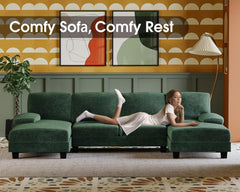 Sectional Couches for Living Room, U-Shaped Sofa Couch with Linen Fabric, 4 Seat Sofa Set with Double Chaise for Apartment (Fabric, Green)