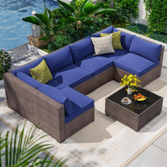 7 Piece Outdoor Patio Furniture Set, Outdoor Sectional Furniture, Rattan & Wicker Modern Modular Conversation Set Sofa Couch W/Water Resistant Washable Thick Cushions and Coffee Table, Coffee/Beige