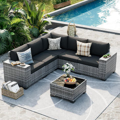 Patio Furniture Set, 8 Inch Armrest Outdoor Sectional Sofa, 6 Piece Wicker Outdoor Furniture Conversation Sets with Waterproof Cover and Coffee Table for Backyard Deck(Brown/Dark Grey)