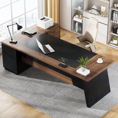 78" L-Shaped Executive Desk, Large Modern Office Desk with Drawers and File Cabinet, Business Furniture with Storage Shelves, Big Computer Desk for Home Office (Light Walnut + Black)