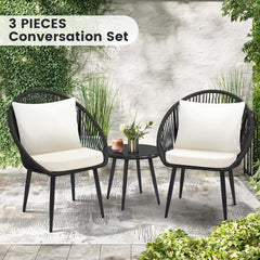 3 Pieces Bistro Set, Woven Rope Chair with Cushions, All Weather Patio Conversation Set and Side Table, Ideal for Deck, Balcony, Poolside, Black