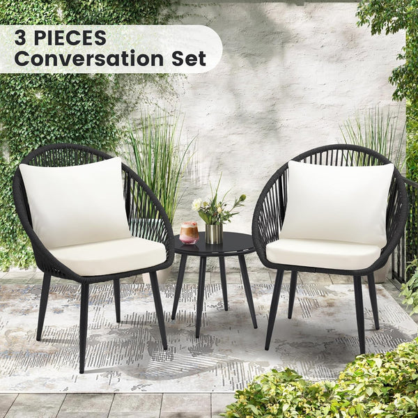 3 Pieces Bistro Set, Woven Rope Chair with Cushions, All Weather Patio Conversation Set and Side Table, Ideal for Deck, Balcony, Poolside, Black