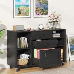 3 Drawer Wood Lateral File Cabinet with Lock, Rolling Mobile Filing Cabinet with Open Storage Shelves, Printer Stand Office Storage Cabinet for Home Office Fits Files Legal/A4 Size, Black