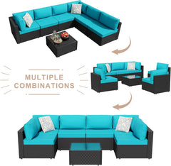7 Piece Outdoor Patio Furniture Set, PE Rattan Conversation Sofa Set, Wicker Sectional Sofa Set with Cushions Couch Set & Coffee Table for Outside, Garden, Balcony, Light Blue