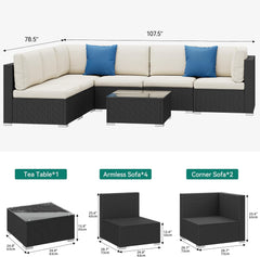 7 Pieces Patio Furniture Set, Outdoor Sectional Sofa PE Rattan Wicker Conversation Set outside Couch with Table and Cushions for Porch Lawn Garden Backyard(Beige+Black)