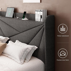 Full Size Bed Frame with Charging Station, Linen Platform Bed Frame with Wingback Headboard Upholstered Bedframe, Solid Wood Slats Support, No Box Spring Needed, Easy Assembly, Dark Grey