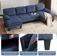 110" U-Shaped Sectional Sofa with Double Chaise, 4-Seat Corduroy Couch in Ocean Blue for Living Room Furniture