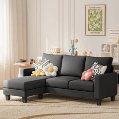 Couch for Small Living Room, 73" Small Sofa with Reversible Ottoman, 3 Seat L-Shaped Sofas, Comfy Couches for Apartment (Linen Fabric, Dark Grey)