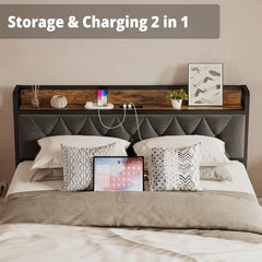 Full Size Bed Frame, Storage Headboard with Outlets, Easy to Install, Sturdy and Stable, No Noise, No Box Springs Needed - Perfect for a Good Night'S Sleep