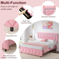 Queen Bed Frame with Diamond Headboard, Faux Leather Upholstered Platform Bed, Mattress Foundation, No Box Spring Needed, Easy Assembly, Pink