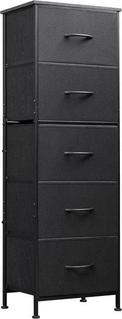 Fabric Dresser, 5-Drawer Tall Dresser for Bedroom, Storage Organizer with Fabric Bins, Wood Top, Sturdy Steel Frame, Chest of Drawers for Closet, Hallway, Rustic Brown Wood Grain Print