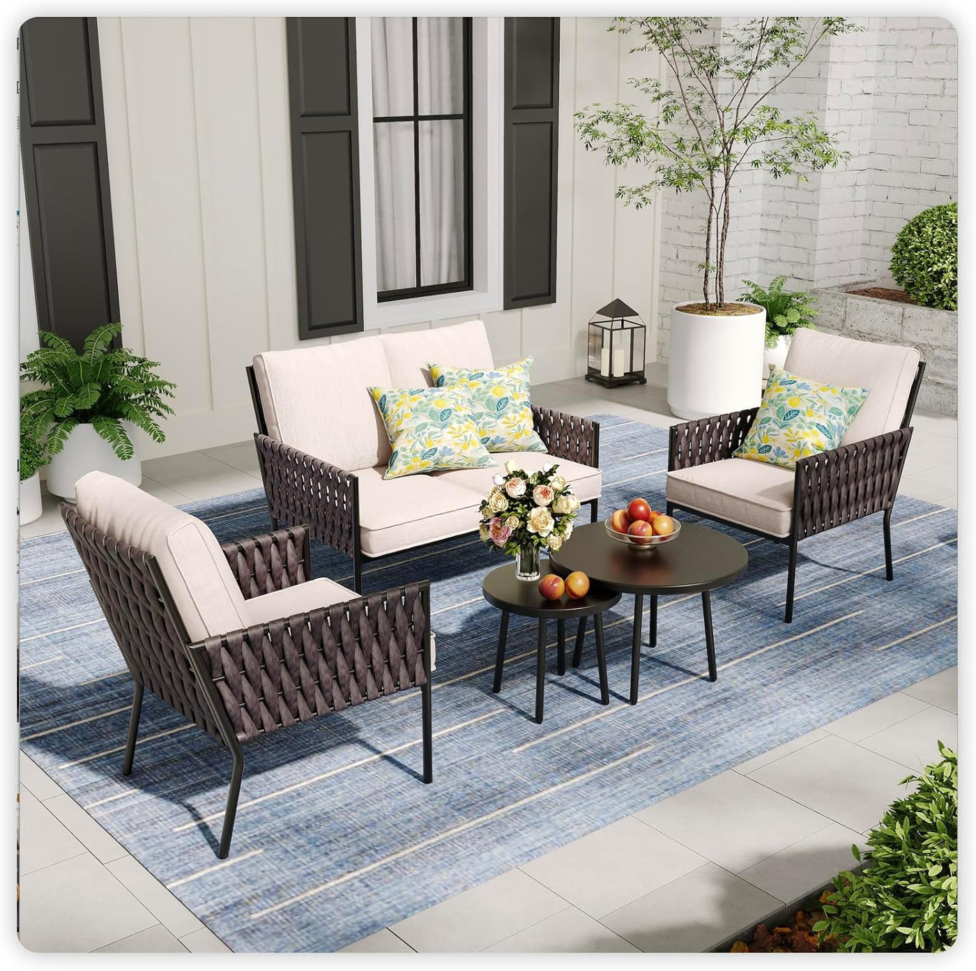 5 Pieces Patio Furniture Set,Outdoor Conversation Set with 2 round Side Tables,Modern Metal Outdoor Couch with Waterproof Cushions for Backyard,Porch,Beige