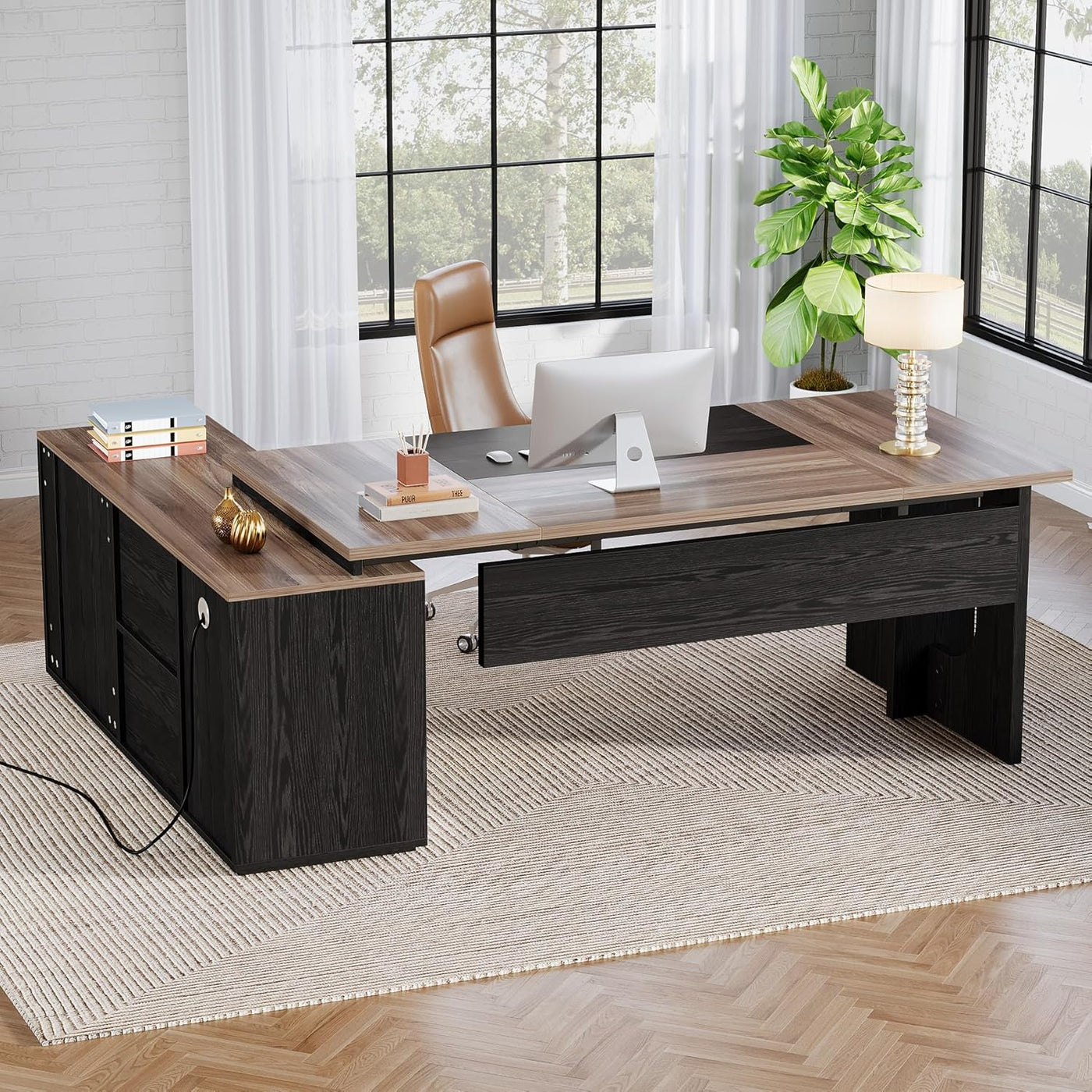 74.8 Inch Executive Desk, Large Office Desk with Cabinet, L Shaped Computer Table with Shelves and CPU Storage, Modern Home Office Desks Business Furniture Workstation Set