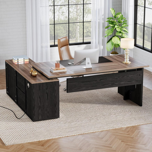74.8 Inch Executive Desk, Large Office Desk with Cabinet, L Shaped Computer Table with Shelves and CPU Storage, Modern Home Office Desks Business Furniture Workstation Set