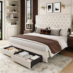 Full Size Bed Frame with 2 Storage Drawers, Upholstered Bed Frame with Adjustable Diamond Headboard, Velvet Modern Platform Bed Frame, No Box Spring Needed, Easy to Assemble, Beige