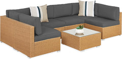 7-Piece Modular Outdoor Sectional Wicker Patio Conversation Set W/ 2 Pillows, Coffee Table, Cover Included - Gray/Cream